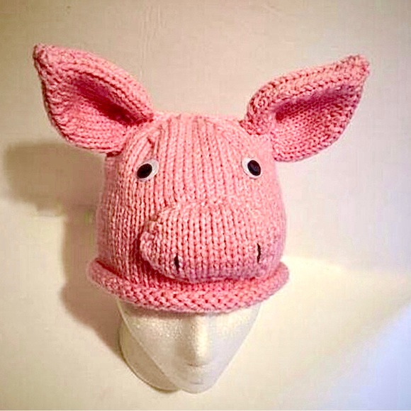 NWT Hand Knit Piggy Hat with Googly Eyes and Ears Size 6-10 Years - Picture 9 of 10